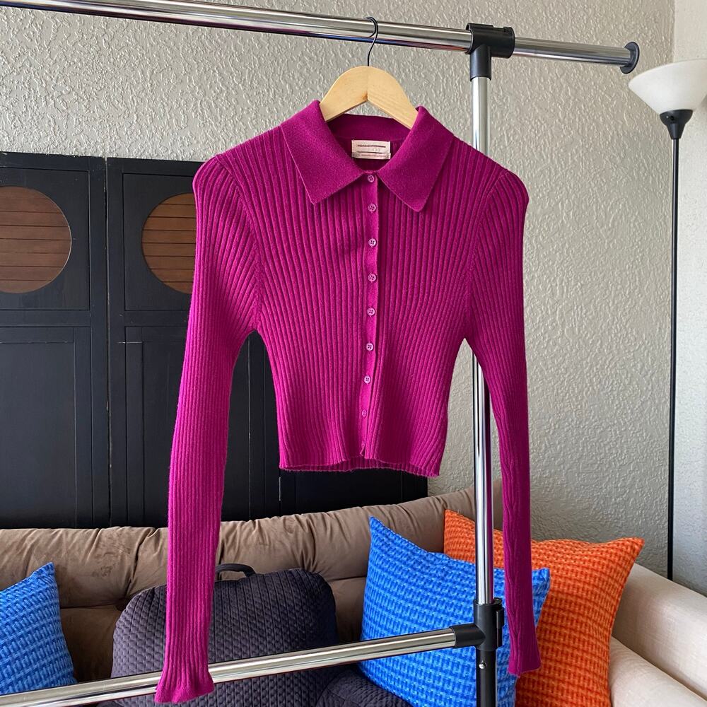 Urban Outfitters Button Front Cardigan Crop Collared Purple Pink Large Academia